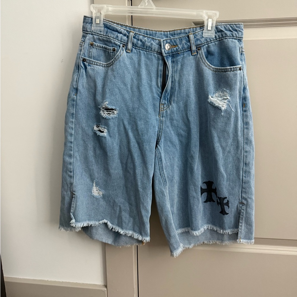 Distressed Denim Shorts with Black Cross Patch